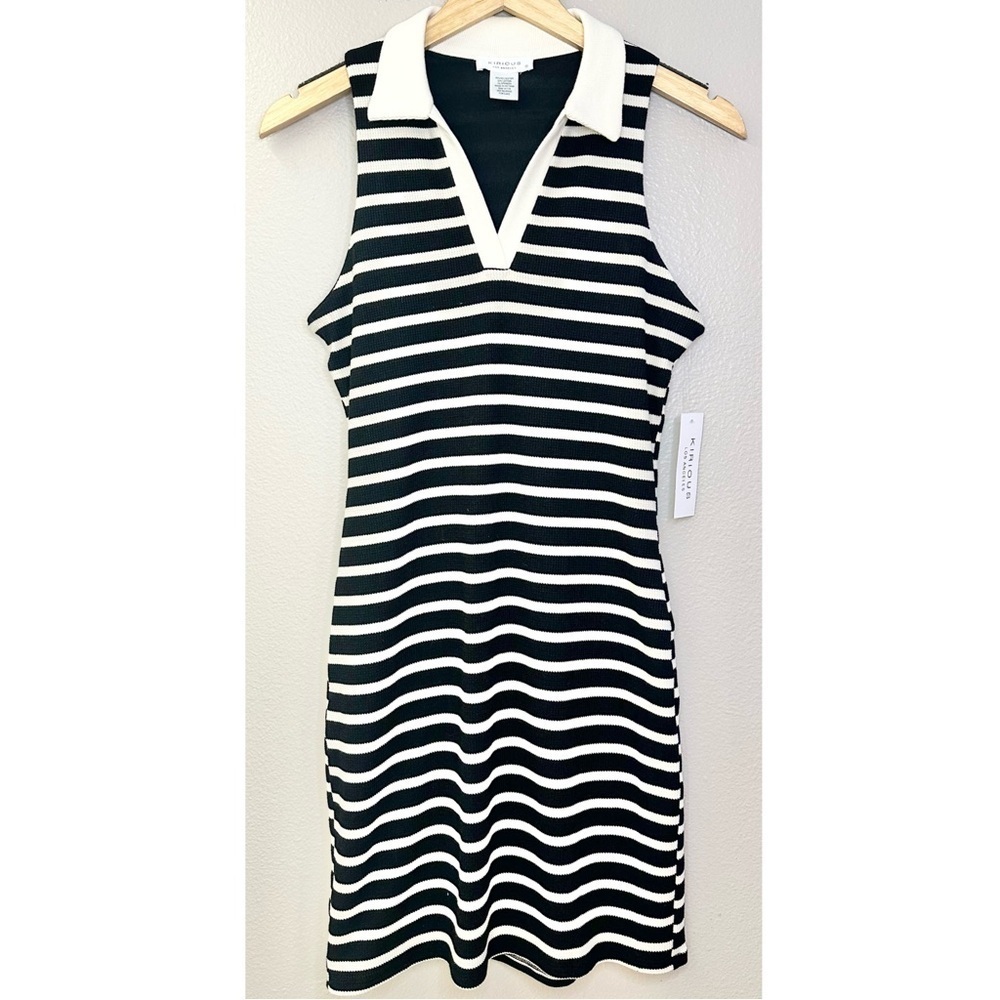 NWT Kirious Black and White Striped Sleeveless Collared Dress
